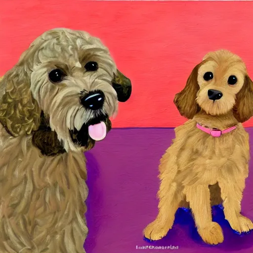 Prompt: a brown goldendoodle and a puggle, they’re adorable and best friends, vibrant colors, oil painting