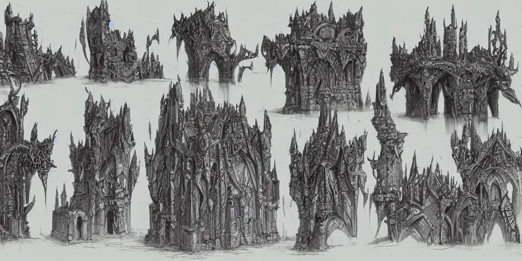 Image similar to a set of fantasy architectural concepts, drawn by luke adam hawker, world of warcraft, dungeons and dragons, concept art, sketches, ink and pen.