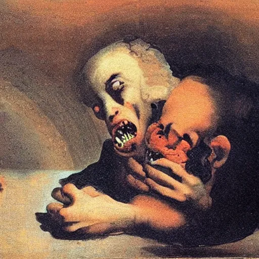 Image similar to saturn devouring his son, painting by francisco goya, peach