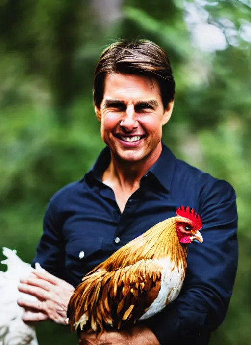 Image similar to a professional photo of tom cruise holding a rooster, f / 1. 4, 9 0 mm