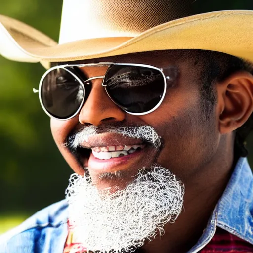 Prompt: black cowboy with round sunglasses and a cowboy hat looking back to camera and smiling, the cowboy has cigar in his mouth, closeup, detailed