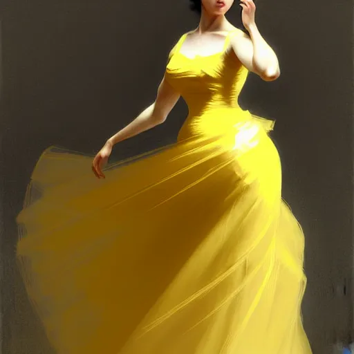 Image similar to a voluminous woman in a yellow organza dress dancing, intricate, elegant, digital painting, concept art, smooth, sharp focus, illustration, from metal gear, by ruan jia and mandy jurgens and william - adolphe bouguereau, artgerm