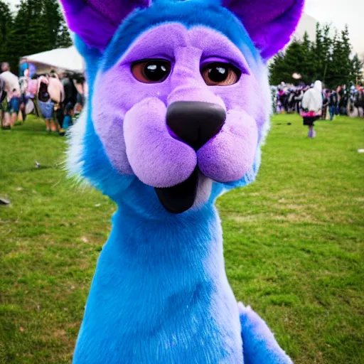 Image similar to A bust photograph taken at a furry convention of a purple dog fursuit with alien antennas