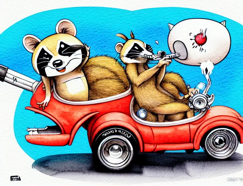 Image similar to cute and funny,'racoon smoking a cigar'riding in a tiny hot rod with oversized engine, ratfink style by ed roth, centered award winning watercolor pen illustration, isometric illustration by chihiro iwasaki, edited by range murata, tiny details by artgerm and watercolor girl, symmetrically isometrically centered