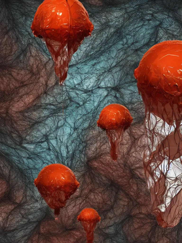 Image similar to mercury capsule made of discarded tarp balloons, muted multi - colors, realistic texture, section model, rna bioweapon, nanotech demonic monster horror, stunning atmosphere, ink dropping in water, organic fractal mycelum and fungi