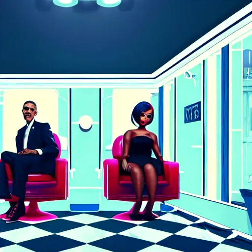 Image similar to illustration of nicki minaj sitting next to barack obama in a 6 0's vintage barbershop. symmetry, cinematic scene. ambient lighting, brownish colors, hyper detailed. octane render. concept art. trending on artstation.