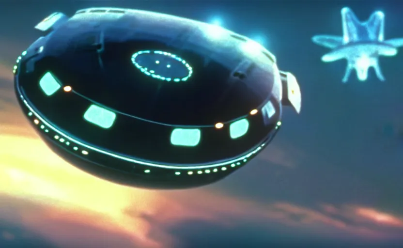 Prompt: a cell - shaded cartoon movie still from independence day ( 1 9 9 6 ) of a chrome ufo. very dull muted colors, hd, 4 k, hq