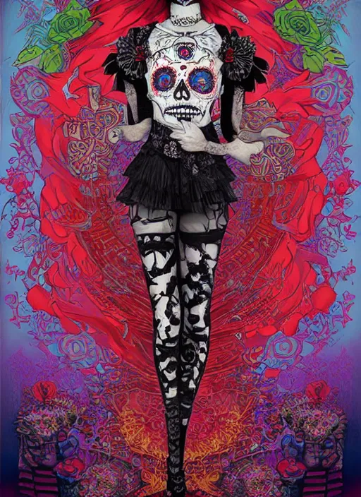 Image similar to cute punk goth fashion fractal Día de los Muertos girl posing by Zhang Jingna, poster art by Dan Mumford Kilian Eng Hannah Jeffrey Smith Rick Griffin Alphonse Mucha