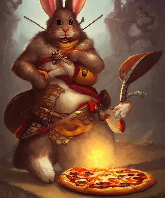 Image similar to a portrait an anthropomorphic rabbit samurai eating pizza, landscape in background, cute and adorable, dnd character art portrait, well rendered matte fantasy painting, deviantart artstation, by jason felix by steve argyle by tyler jacobson by peter mohrbacher, cinematic lighting