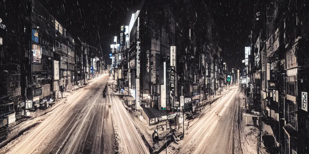 Image similar to a city street at night, snowing, photograph, cyberpunk, sharp focus, intricate detail, drone shot, high resolution, 8k, neon streetlights, wires hanging down everywhere, Japan,