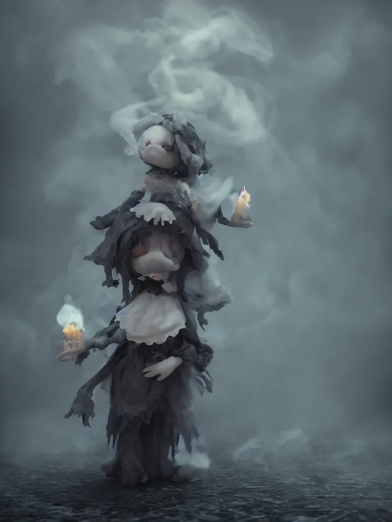 Prompt: cute fumo plush of a cursed frail witch girl held in the arms of a ghost, melting volumetric smoke and fog, environment map pbr reflective stormy water, goth, vignette, vray