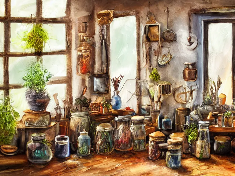 Prompt: expressive rustic oil painting, interior view of a cluttered herbalist cottage, waxy candles, jars on wall, wood furnishings, herbs hanging, light bloom, dust, ambient occlusion, morning, rays of light coming through windows, dim lighting, brush strokes oil painting