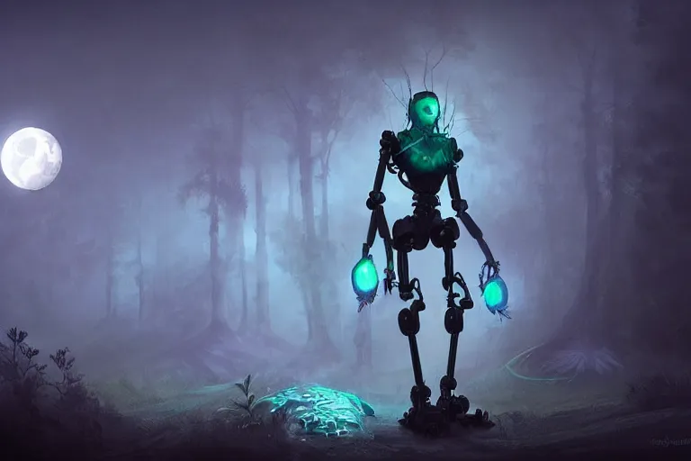 Image similar to a robotic tree humanoid, cute, dark fantasy, foggy, misty, ambient lights, dark lights, moon glow, digital art, video game character, league of legends, glows,