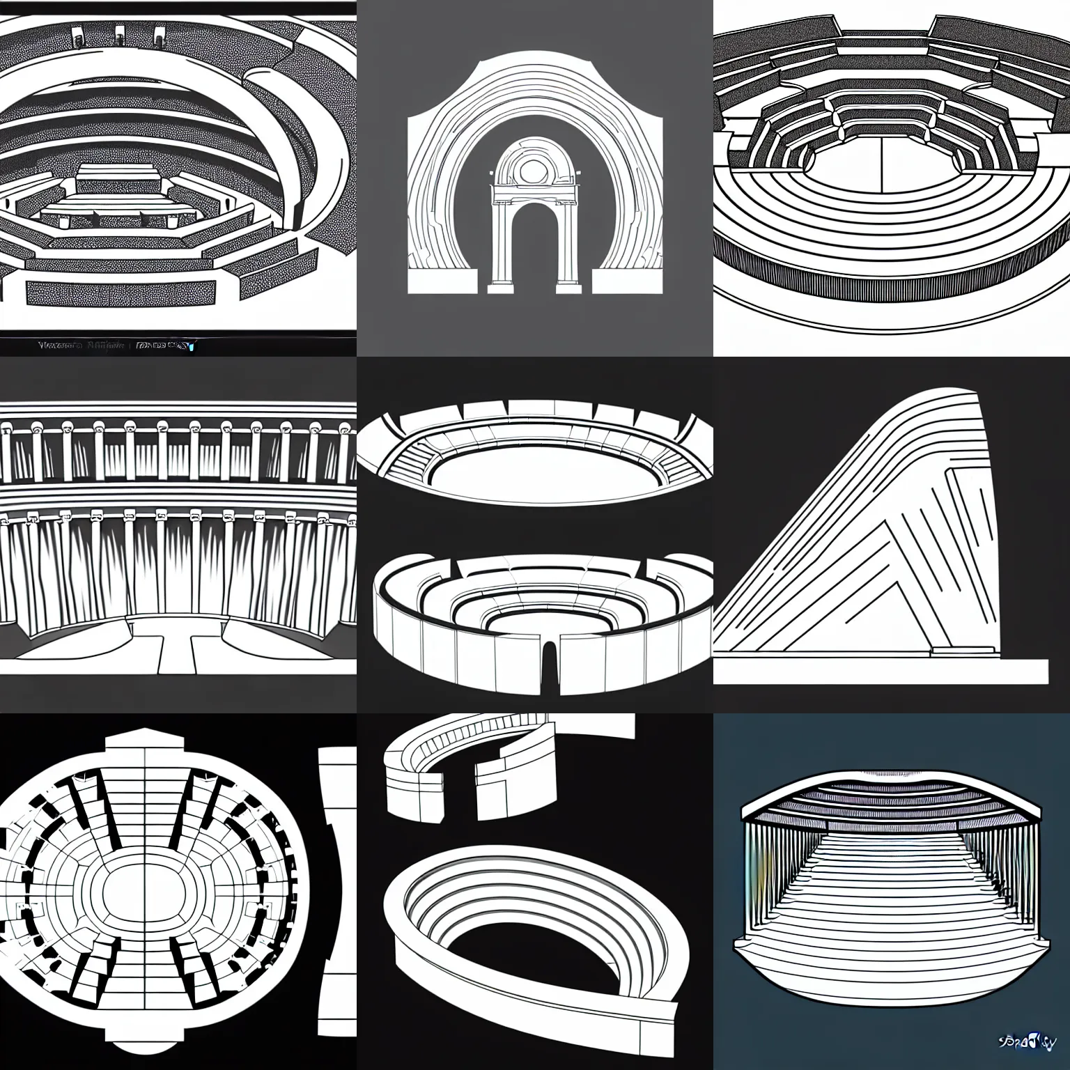 Prompt: a stephen biesty cross - section of simplified!!! white smooth shaded ancient amphitheater, precise! vector trace, 3 / 4 wide shot, sam werczler, sketch - up, white background