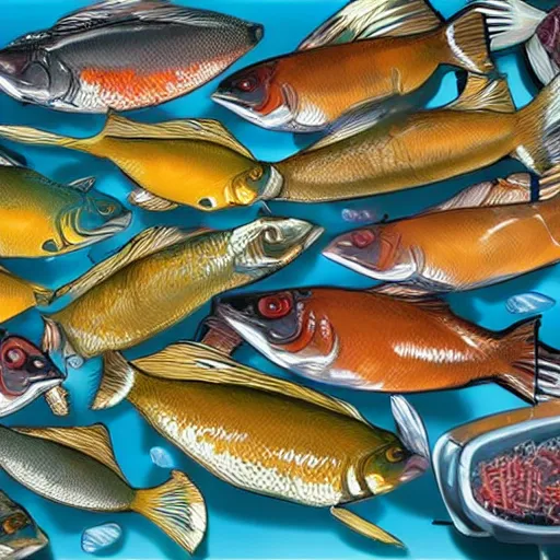 Prompt: a large group of fish eating at a buffet, photorealistic, very detailed