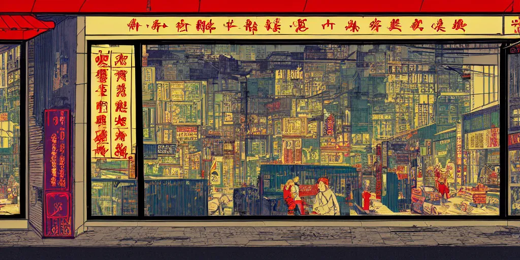 Image similar to a shop window in hong kong, by dan mumford and peter doig and edward hopper, minimal, black in, thick lines highly detailed, muted colours, overlaid with chinese adverts, 8 k