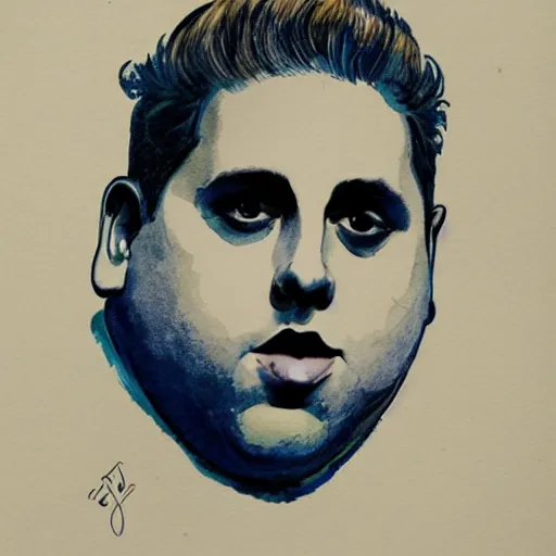 Prompt: jonah hill, stylized. Watercolor and ink. 1960s.
