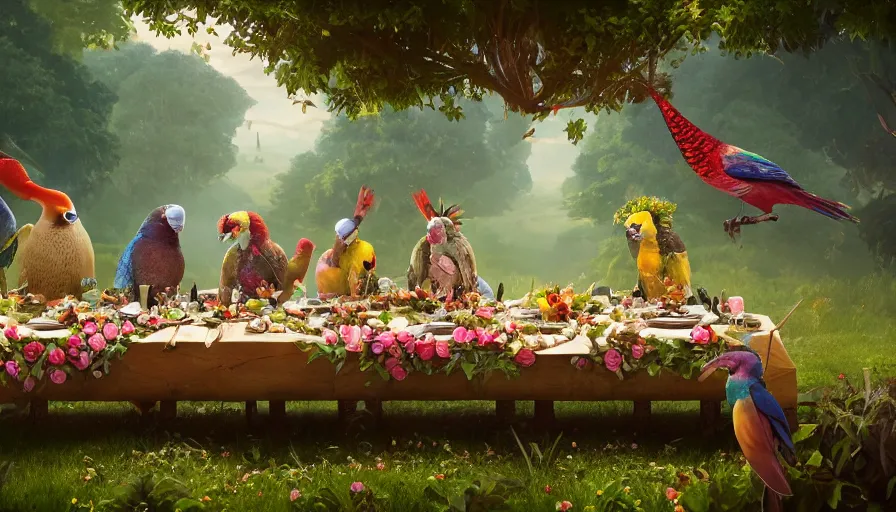 Prompt: a table dinner of exotic birds where birds are dressed like the characters from the midsommar movie wearing flowers, realistic detailed digital art by maxwell boas jessica rossier christian dimitrov anton fadeev trending on artstation cgsociety rendered in unreal engine 4 k hq