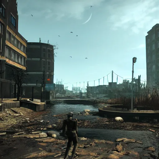 Image similar to De Dam in Amsterdam in ruins post-nuclear war in Fallout 4, in game screenshot