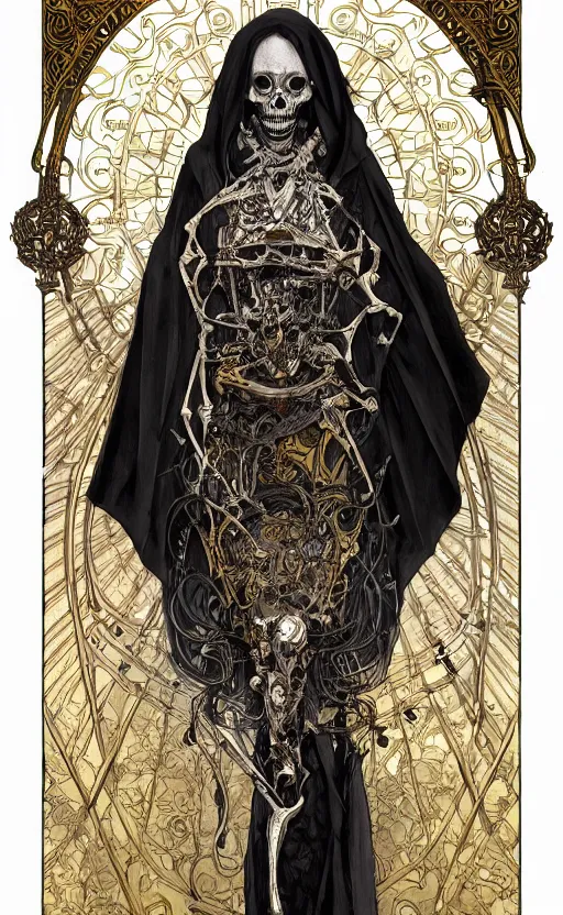 Image similar to a skeleton in a black cloak, highly detailed, very intricate, art nouveau, gold filigree, left right symmetry, tarot concept art watercolor illustration by mandy jurgens and alphonse mucha and alena aenami, featured on artstation