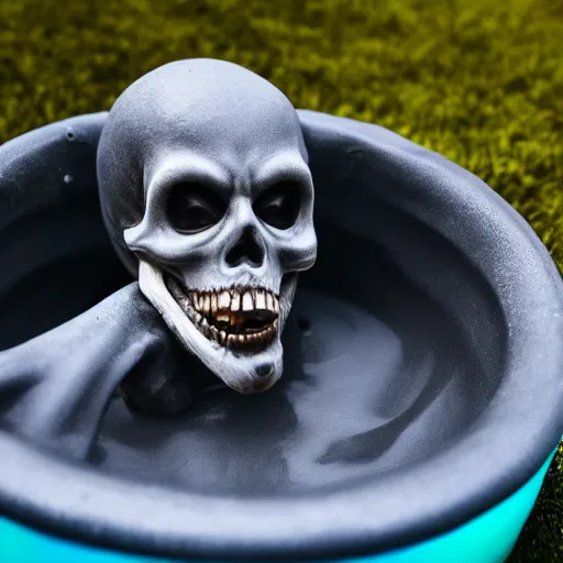 Image similar to grim reaper lying inside a kiddie pool, very detailed, very realistic, photograph, photoshoot, 5 0 mm, canon, nikon, zeiss lens, editorial, perfect composition, perfect lighting, 4 k