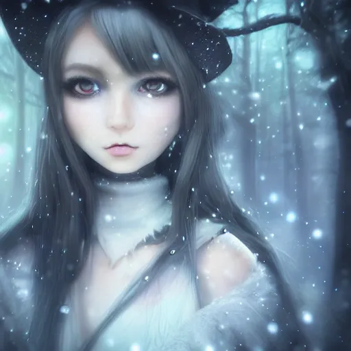 Image similar to focus face portrait of beautiful darkness witch 3D anime girl, dark forest background, snowing, bokeh, inspired by Tim Burton, digital painting, unreal engine render, volumetric light, high détail