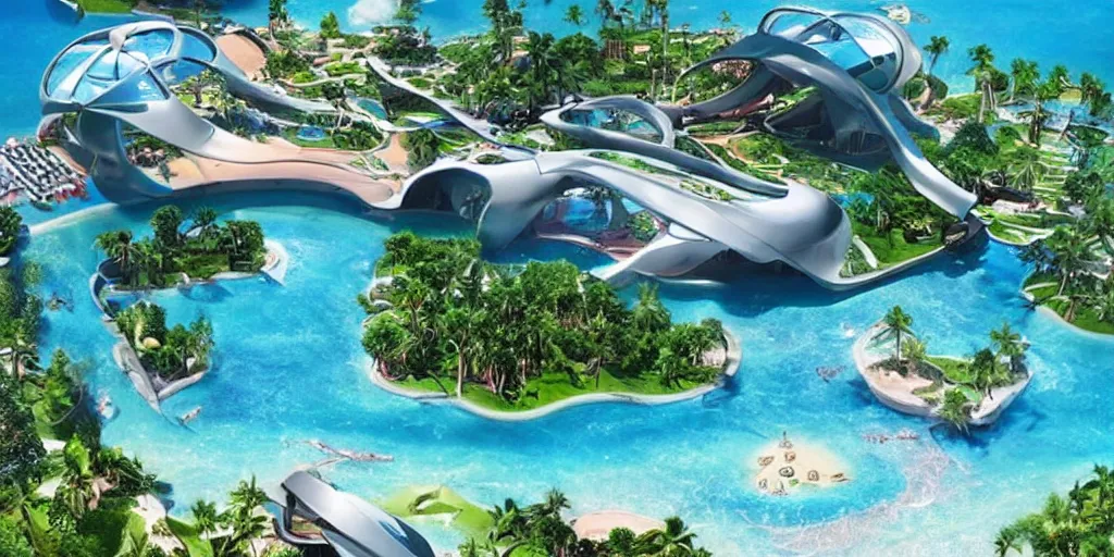 Image similar to futuristic paradise, real life picture, futuristic