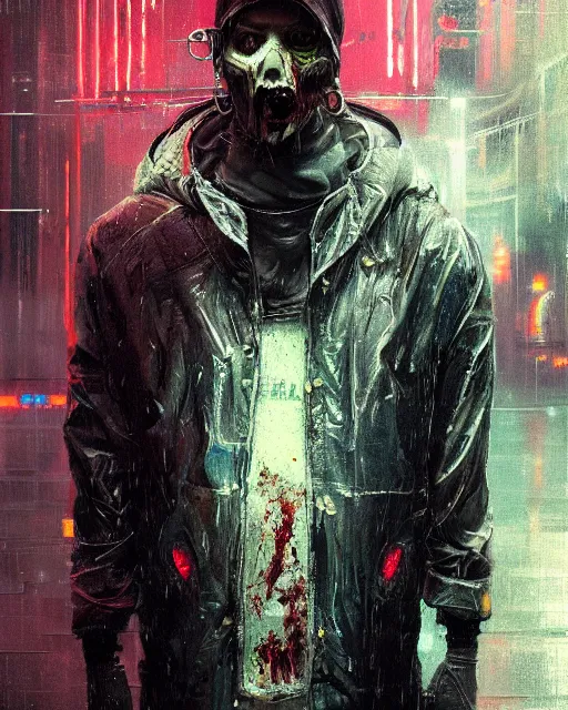 Image similar to detailed portrait, zombie, rain, cyberpunk futuristic neon, reflective puffy coat, decorated with traditional japanese ornaments by ismail inceoglu dragan bibin hans thoma greg rutkowski alexandros pyromallis nekro rene maritte illustrated, perfect face, fine details, realistic shaded, fine - face, pretty face