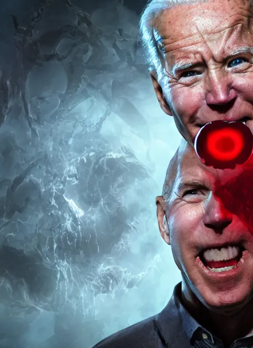 Prompt: hyper realistic ultra realistic chaos magic photo Doom furious glowing red eyes biden, high quality photo, detailed , 8k
