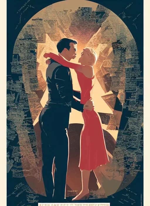 Image similar to poster artwork by Michael Whelan and Tomer Hanuka, Karol Bak of Naomi Watts & Jon Hamm husband & wife portrait, in the pose of Theory of Everything poster, from scene from Twin Peaks, clean, simple illustration, nostalgic, domestic, full of details