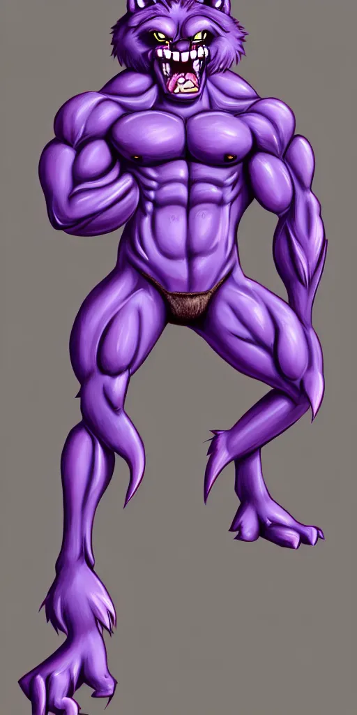 Image similar to painting of an anthropomorphic bulky muscular purple wolf, furry style, wearing jeans, deviant art, fursona, professional furry drawing, insanely detailed, bulky wolf - like face with dragon features, doing a pose from jojo's bizarre adventure, detailed veiny muscles, exaggerated features, beautiful shading, huge teeth, grinning, colorful background