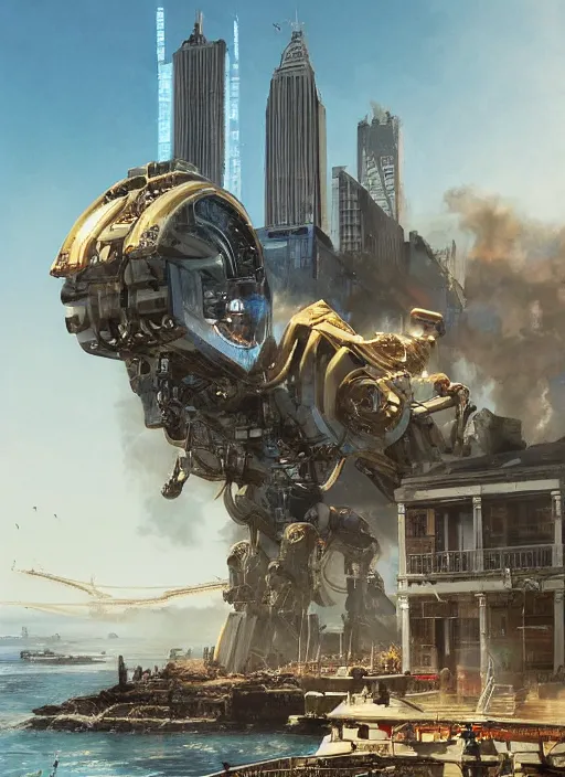 Image similar to hyper realistic robot attacking cape town city harbor beautiful details, strong composition, poster painted by weta studio rutkowski, james gurney and greg rutkowski, and lucasfilm