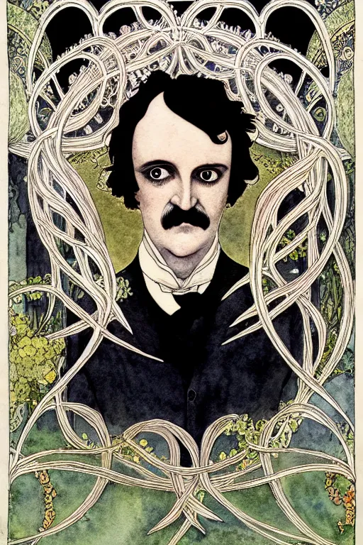 Image similar to symmetrical portrait of edgar allen poe in the center of an ornate floral frame, art by kay nielsen and walter crane, illustration style, watercolor