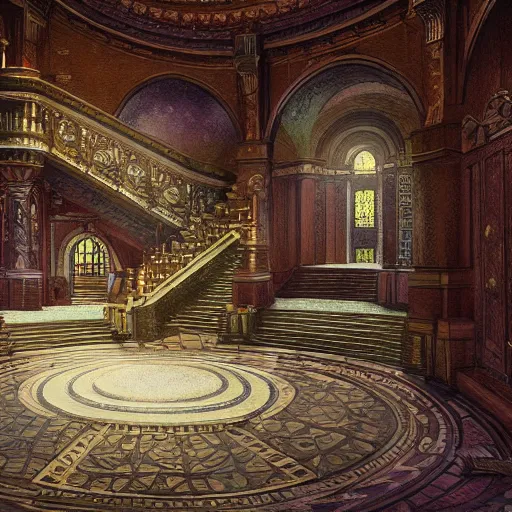 Prompt: fine concept art of a scene representation inspired by the song Hall of the Stairs / Hall of the Mosaics by Andreas Vollenweider, highly realistic and detailed, intricate, cinematic lighting