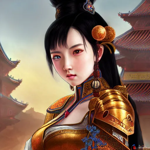 Image similar to portrait black hair young knights of Dynasty Warriors girl, rose golden color armor, in ruin chinese palace rooftop sunrise, ssci-fi and fantasy, intricate and very beautiful and elegant, highly detailed, digital painting, soft light, artstation, concept art, smooth and sharp focus, illustration, art by tian zi and WLOP and alphonse mucha