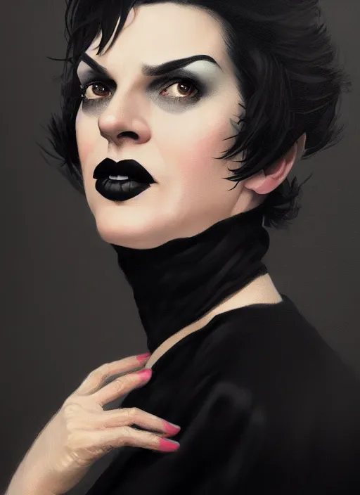 Image similar to portrait of a middle - aged woman with a crooked nose and a confident expression, 1 9 6 0 s, black clothes, goth, punk, funk, intricate, elegant, highly detailed, digital painting, artstation, concept art, smooth, sharp focus, illustration, art by wlop, mars ravelo and greg rutkowski