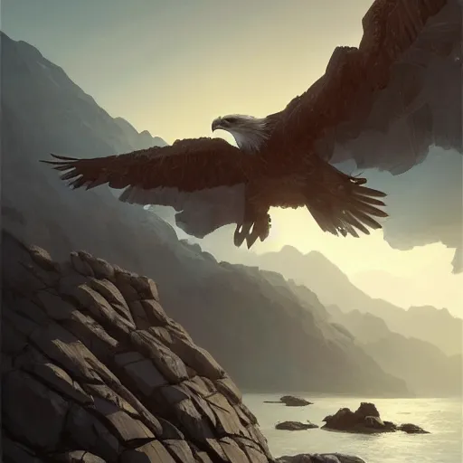 Image similar to eagle. granite rocks. batscoming out from the entrance. 4 k, concept art, by wlop, ilya kuvshinov, artgerm, krenz cushart, greg rutkowski, pixiv. cinematic dramatic atmosphere, sharp focus, volumetric lighting, cinematic lighting, studio quality