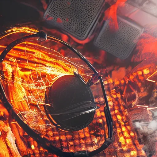 Image similar to red hot frying pan with bacon, tangles of metallic cables, dark messy smoke - filled cluttered workshop, dark, dramatic lighting, orange tint, sparks, plasma charges, cinematic, highly detailed, sci - fi, futuristic, movie still