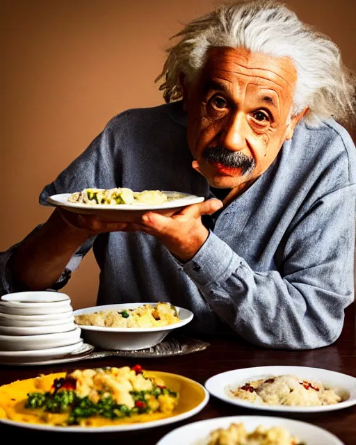 Prompt: A photo of Albert Einstein eating from a plate of Idli , highly detailed, trending on artstation, bokeh, 90mm, f/1.4
