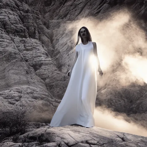 Image similar to photo, a woman in a giant flowing incredibly long dragging white dress made out of white smoke, standing inside a dark western rocky scenic landscape, volumetric lighting