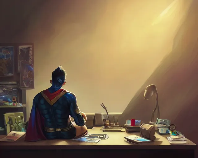 Image similar to an insanely detailed painting of a nerdy asian man wearing a superhero costume, sitting at a desk, staring at the nervously at the computer and typing, in the style of peter mohrbacher, dramatic lighting and composition, surreal background, octane render, pixar, trending on artstation, concept art, comic book, view from behind