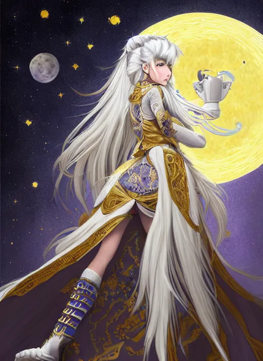 Image similar to commissioned full body portrait of a female anthro werewolf princess fursona with white hair wearing a white and gold Chinese armored dress in a white and gold palace on a starry night with a large crescent moon, by a professional manga illustrator, Stanley Artgerm Lau, WLOP, Rossdraws, James Jean, Andrei Riabovitchev, Marc Simonetti, and Sakimichan, trending on artstation