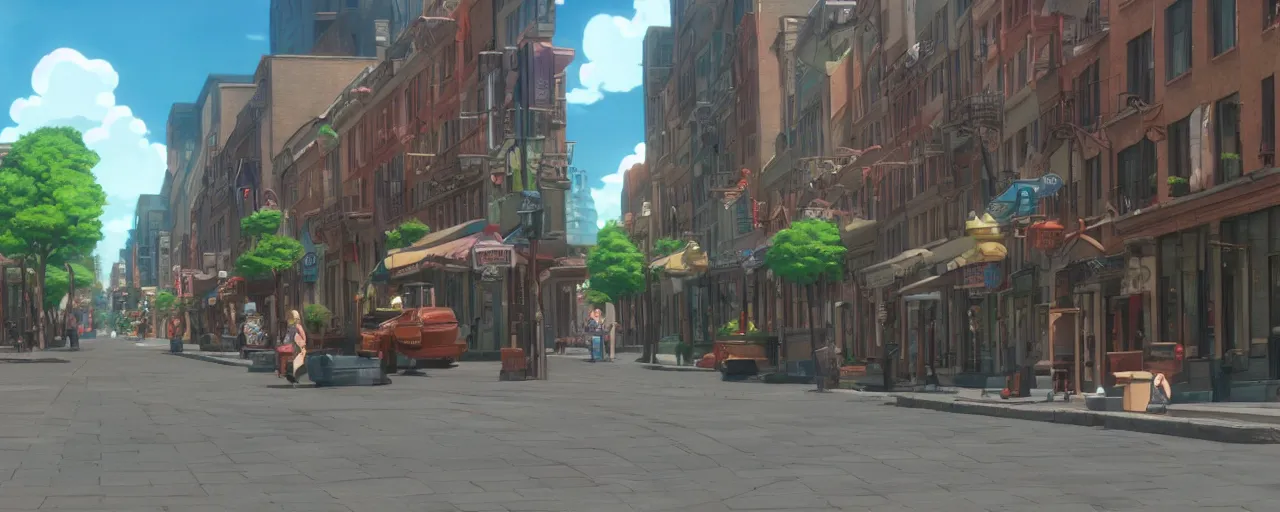 Prompt: A screenshot of the old montreal city street in the scene in the Ghibli anime film, pretty rim highlights and specular