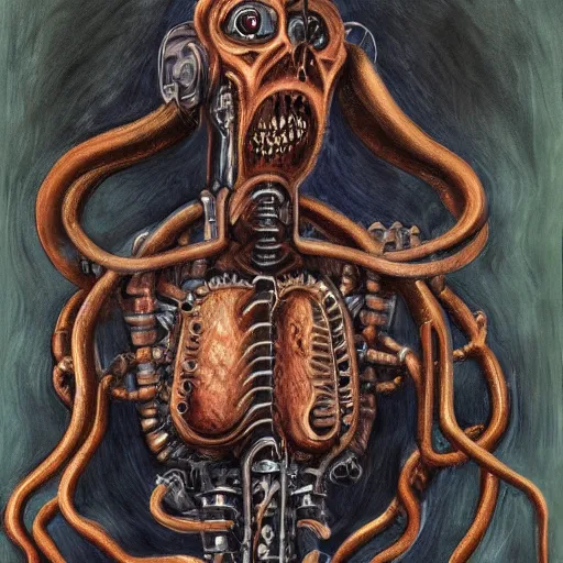 Image similar to painting of a lovecraftian human - machine hybrid