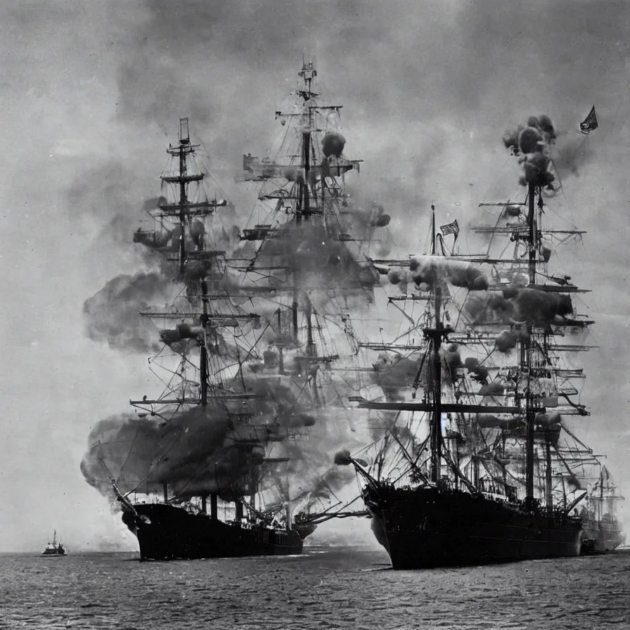 Image similar to the bluenose schooner is being attacked by an american battleship. photograph from life magazine