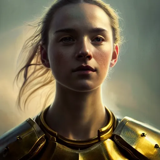 Prompt: attractive, aesthetically pleasing young woman portrait, partially clothed in metal-plated battle armor, atmospheric lighting, painted, intricate, volumetric lighting, beautiful, golden hour, sharp focus, ultra detailed, by Leesha Hannigan, Ross Tran, Thierry Doizon, Kai Carpenter,Ignacio Fernández Ríos
