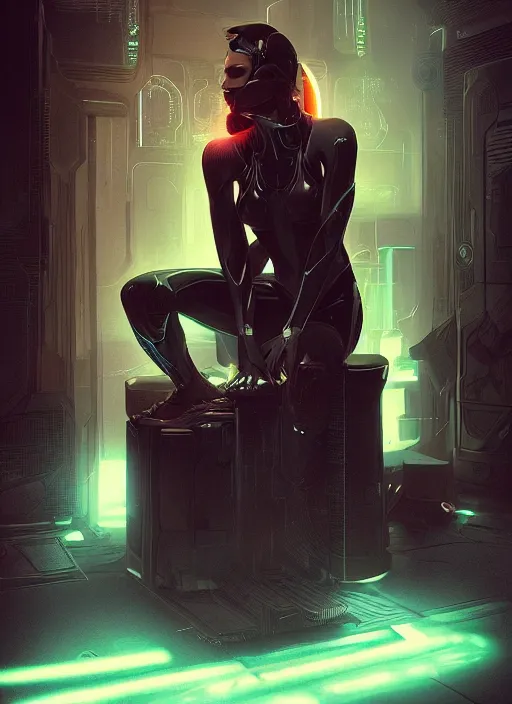 Prompt: a beautiful girl sitting on a stool in a dark room with laser light, glistening skin, cyberpunk, art nouveau, dynamic lighting, high detail, concept art, artstation, by Paolo Eleuteri Serpieri