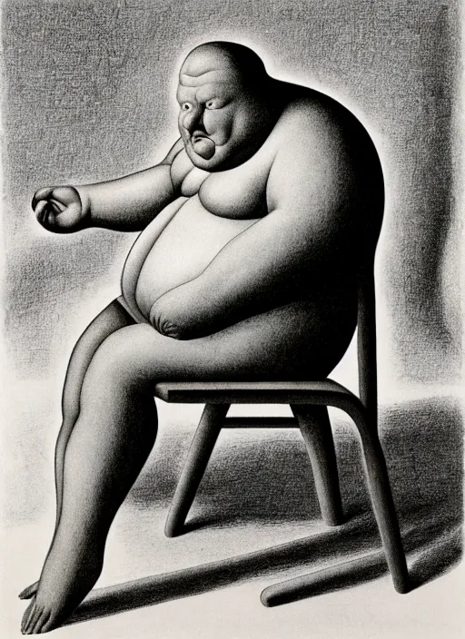 Prompt: fat man sitting on chair, sweat, fat, frustrated, art by gertrude abercrombie and hans bellmer and william blake