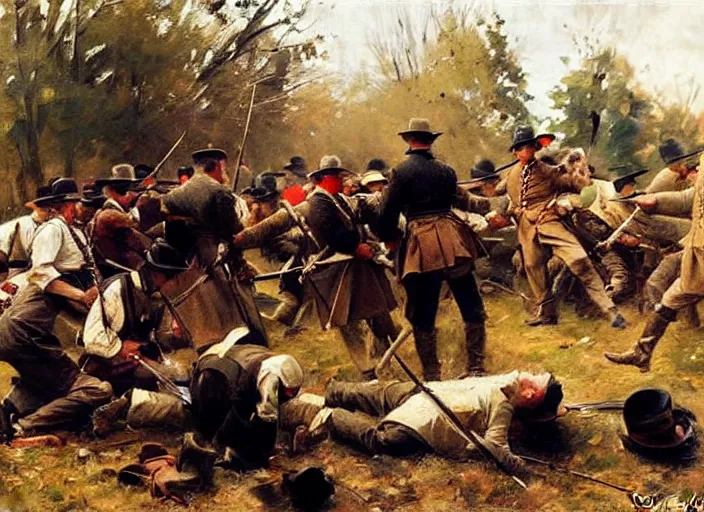 Image similar to anders zorn oil painting of instruction of american civil war battle scene, interpersonal, intimate
