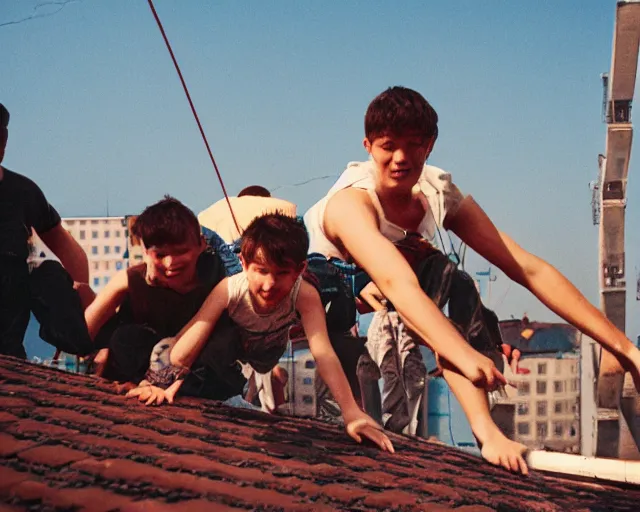 Image similar to lomo photo of roofjumpers climbing on roof of soviet hrushevka, small town, cinestill, bokeh, out of focus